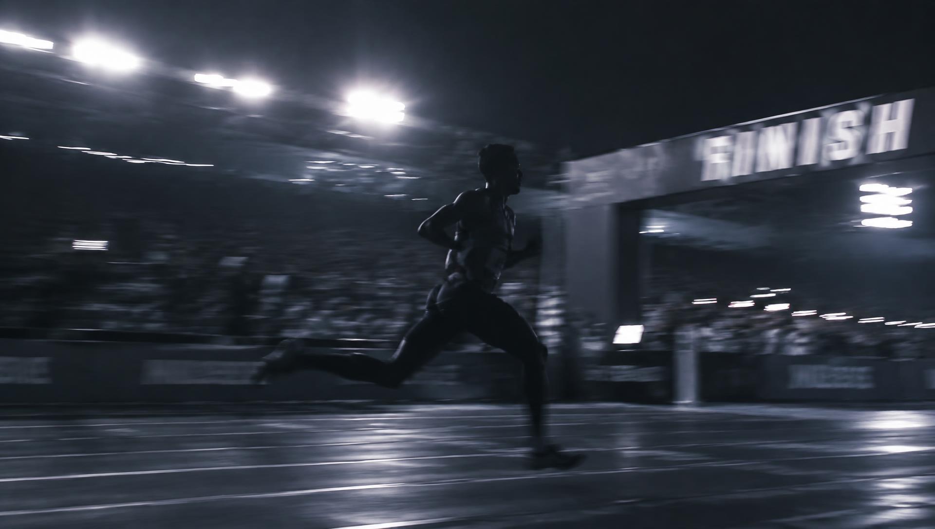 Runner approaching a floodlit finish line at night