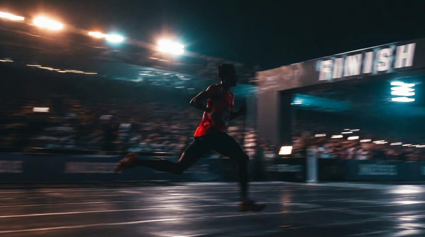 Athlete approaching a floodlit finish line